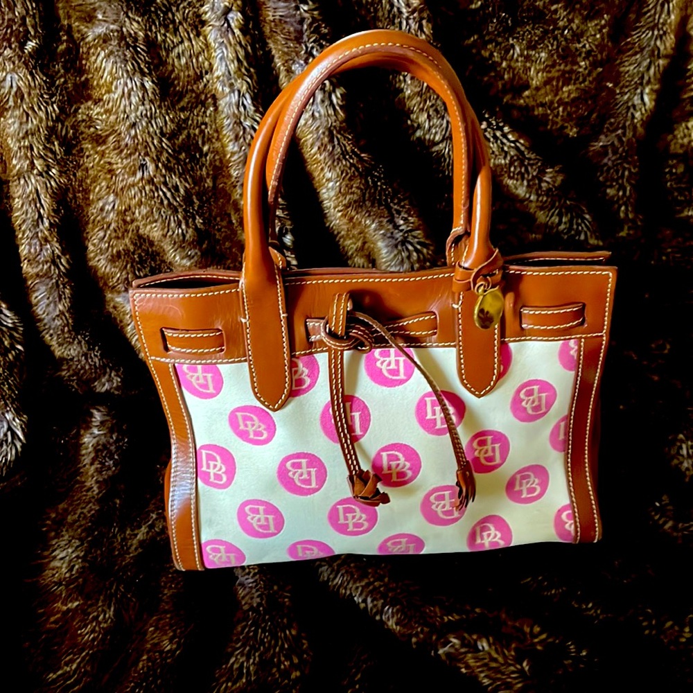 Dooney & Bourke bag with white and pink canvas and brown leather